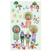 Betsy St. Clair Blue Haired Nutcrackers tea towel featuring colorful watercolor nutcrackers, ornaments, trees, and whimsical Christmas illustrations.