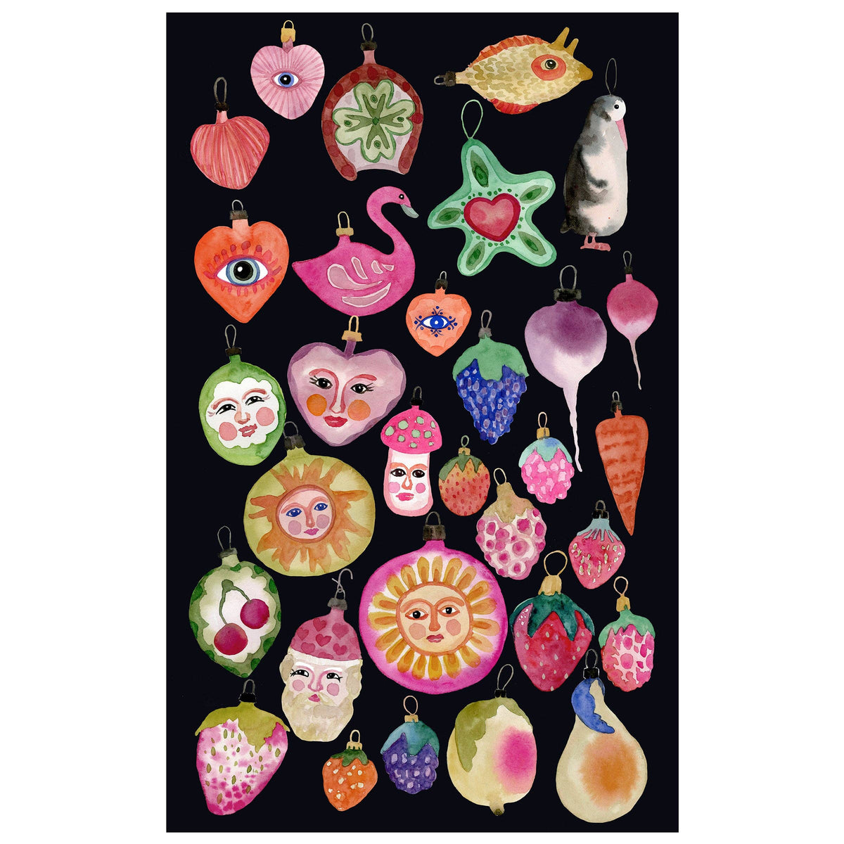 Betsy St. Clair Happy Ornaments tea towel featuring colorful watercolor Christmas ornaments in pink, green, red, gold, and jewel tones on a black background.
