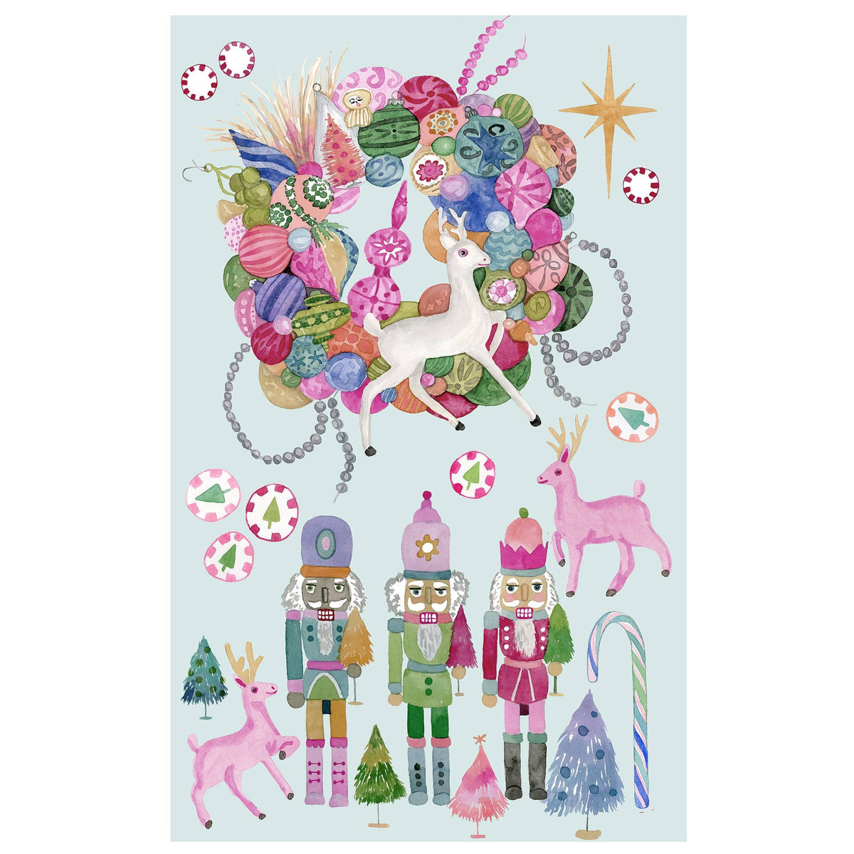 Betsy St. Clair Nutcracker Party tea towel featuring colorful watercolor nutcrackers, pink bows, candy motifs, and whimsical Christmas illustrations.