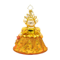Christopher Radko A Muffy Millennium Memory glass Christmas ornament featuring a crowned Muffy bear in an elaborate golden gown.