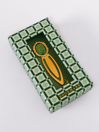 Good Juju Ink Mosaic Botanical Green Metal Clip Bookmark in vintage-inspired green geometric gift packaging