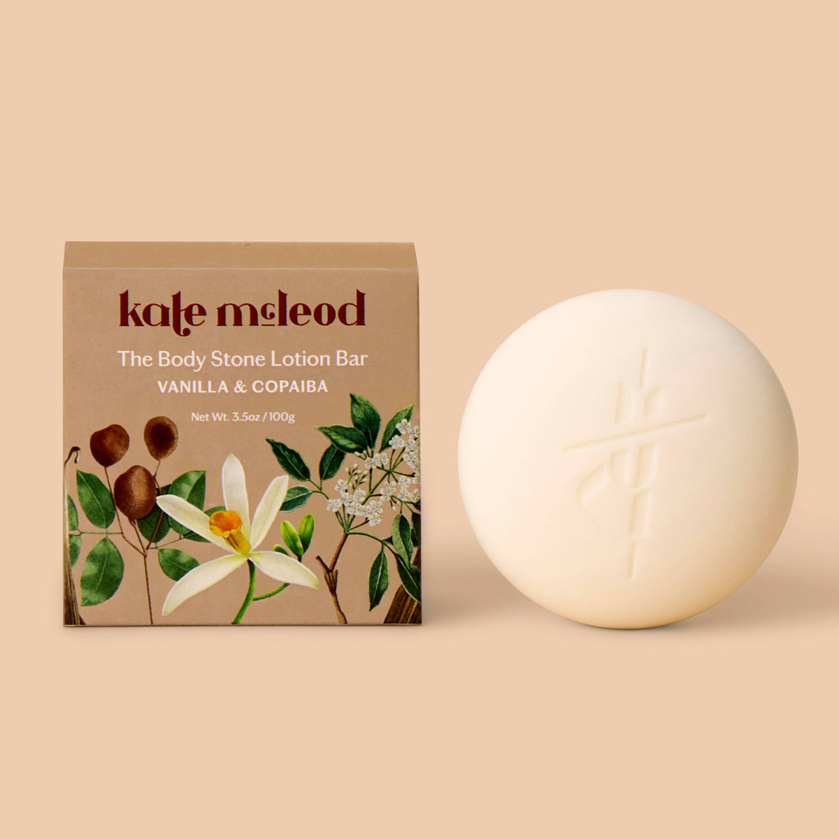 Kate McLeod Vanilla & Copaiba Body Stone solid lotion bar with botanical packaging and round white moisturizing bar.