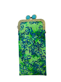 Kiki & Syds Blue Rose padded cotton eyeglass case with vivid blue and green botanical pattern and antique bronze kiss-lock frame.
