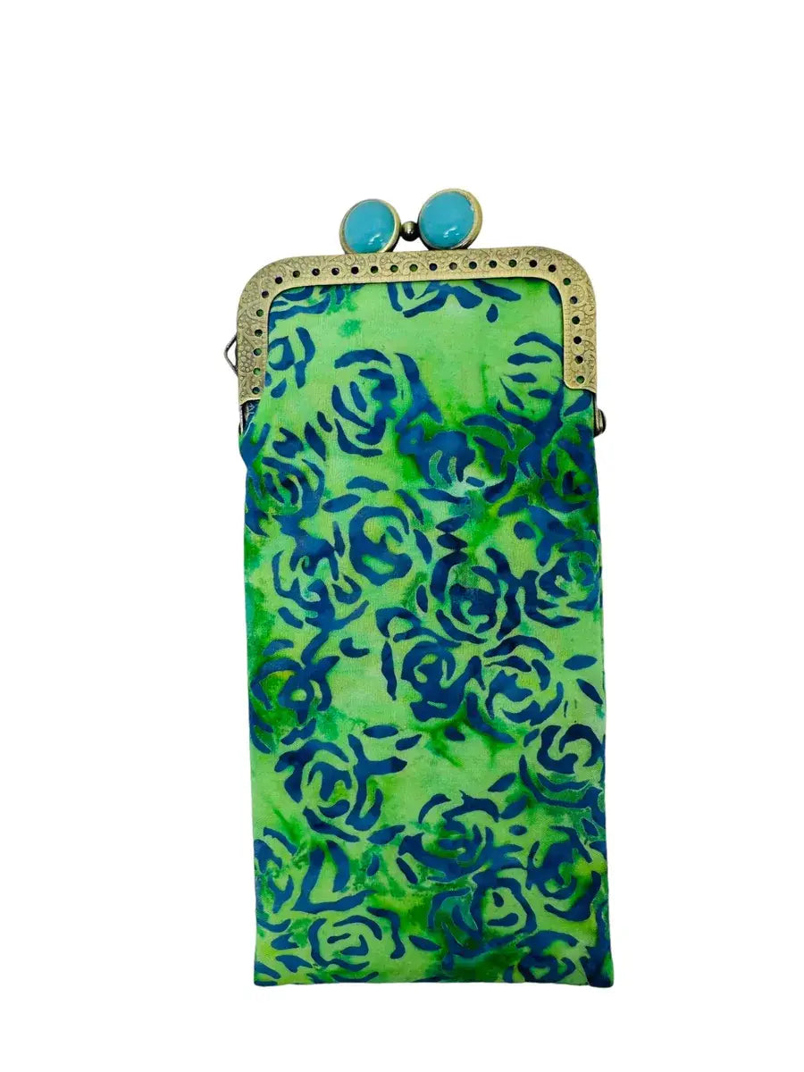 Kiki & Syds Blue Rose padded cotton eyeglass case with vivid blue and green botanical pattern and antique bronze kiss-lock frame.