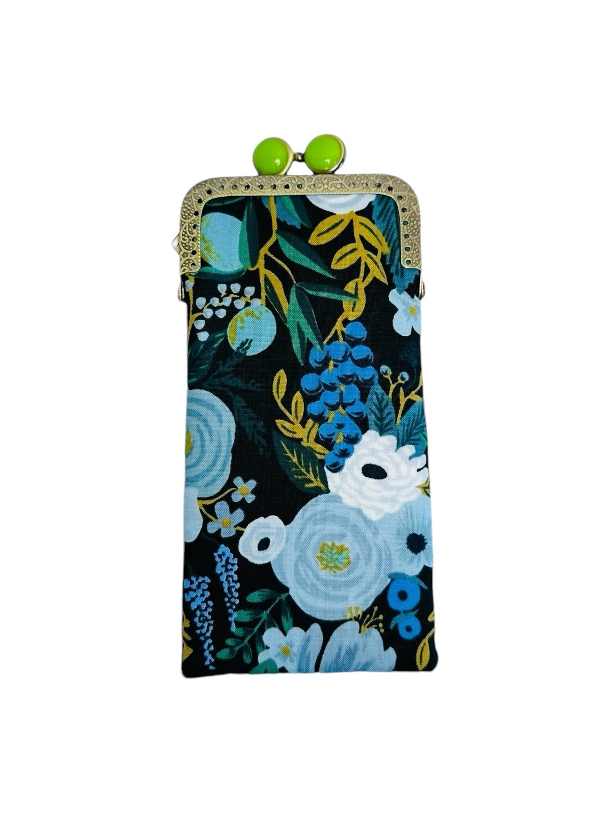 Floral patterned pouch with green accents on a white background