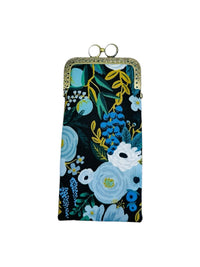 Kiki & Syds Garden Party Blue padded cotton eyeglass case with blue floral print, white kiss-lock closure and antique bronze frame.