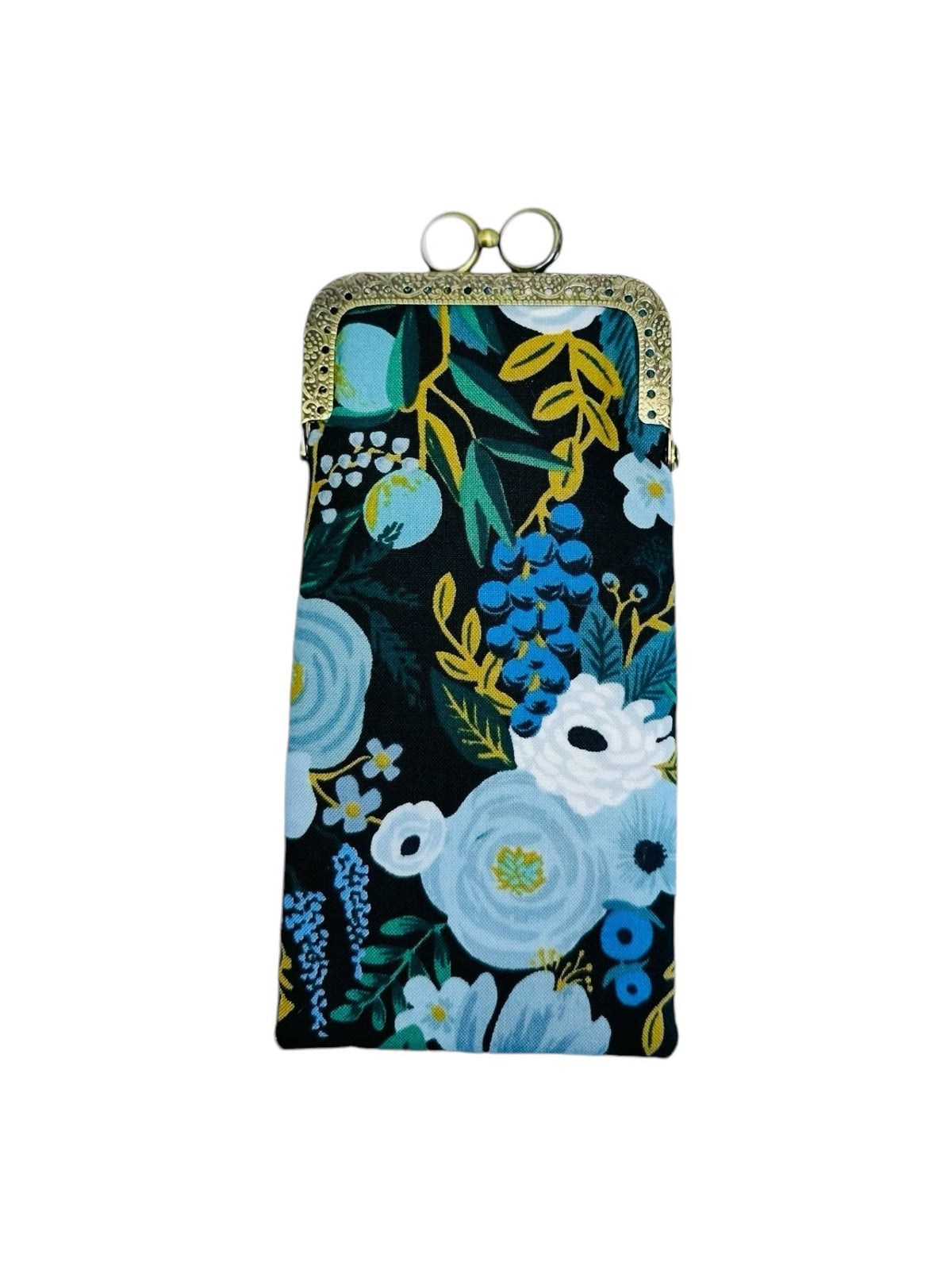 Kiki & Syds Garden Party Blue padded cotton eyeglass case with blue floral print, white kiss-lock closure and antique bronze frame.