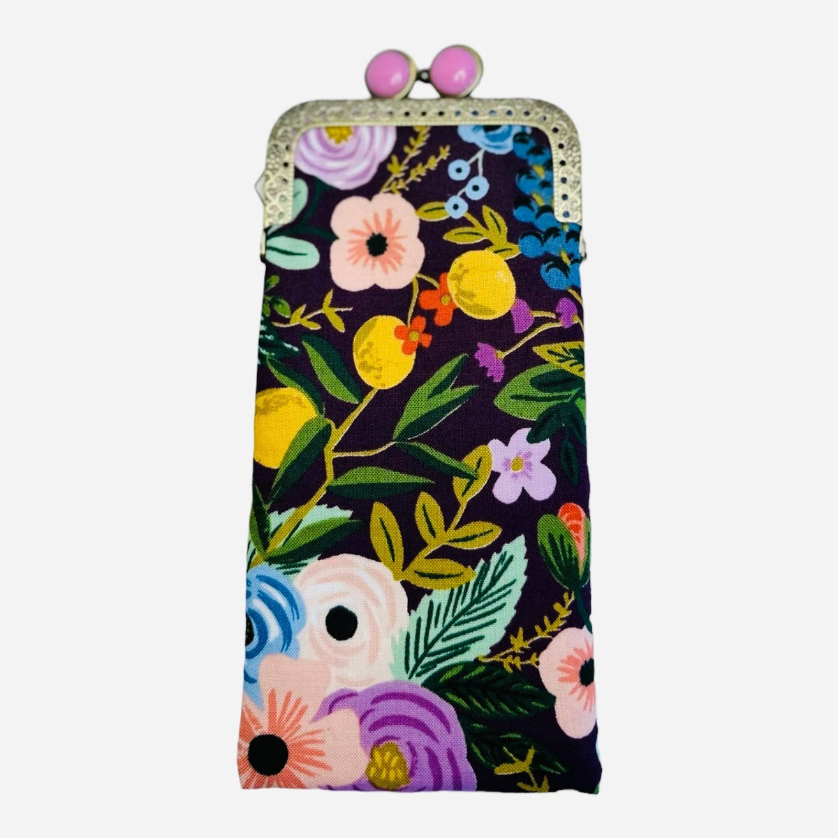 Kiki & Syds Garden Party Plum padded cotton eyeglass case with colorful floral print, light pink kiss-lock closure and antique bronze frame.