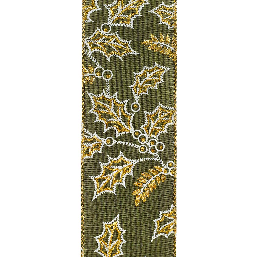 Moss green satin ribbon with glittered holly leaf outlines and wired edges, arranged in loose loops on a white background.