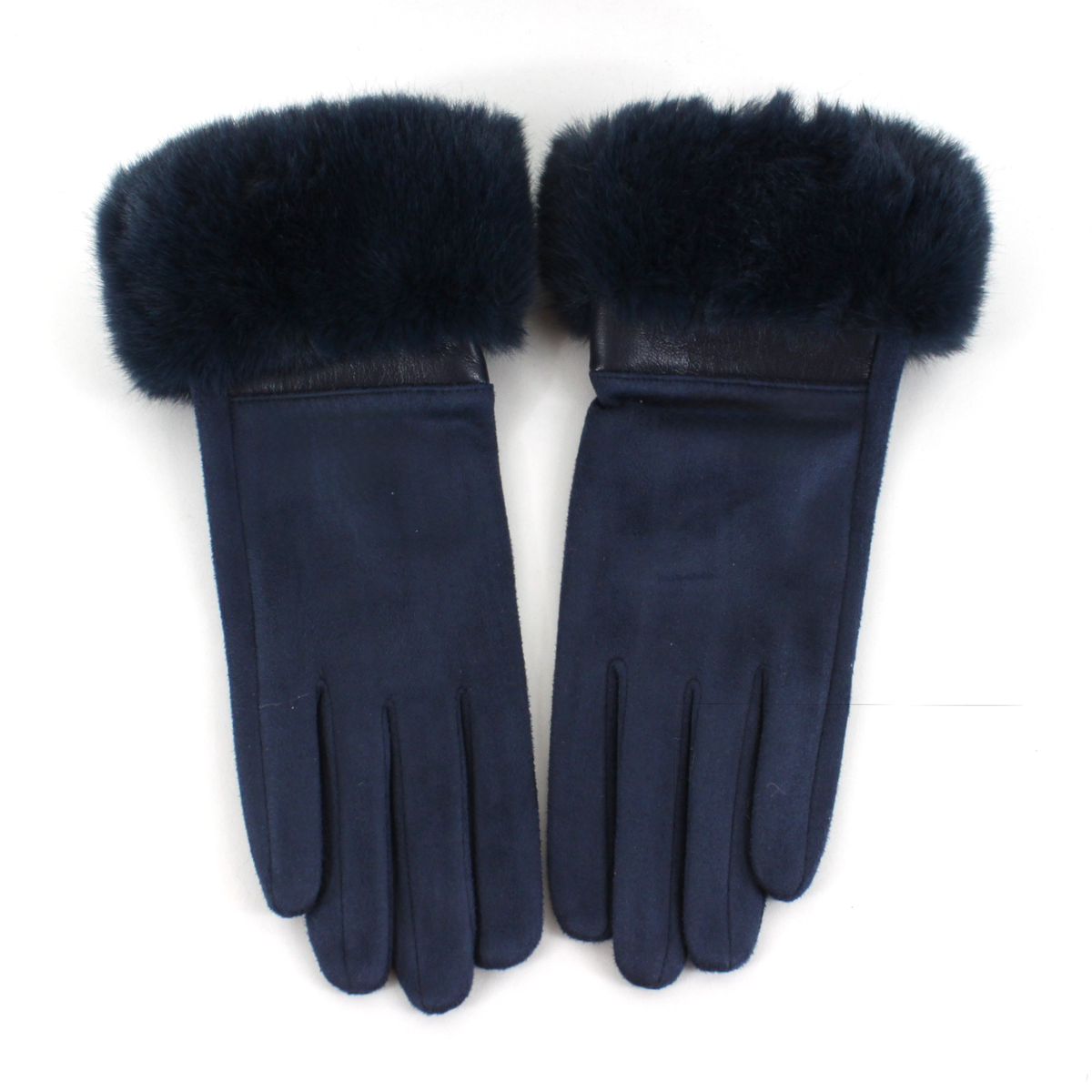 Navy blue suede-look touchscreen gloves with plush matching faux fur cuffs.