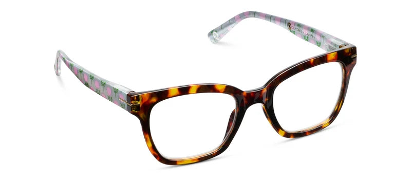 Peepers x Laura Park Buzzworthy reading glasses in Tortoise and Marigold Ticking Stripe Pink