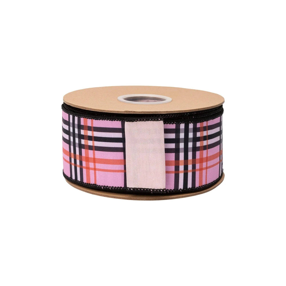Pink, black and coral plaid wired dupioni ribbon with pink backing, 2.5 inches wide