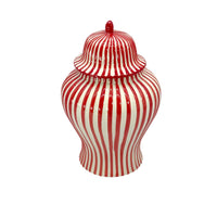Red and white striped 12 inch ceramic ginger jar with lid