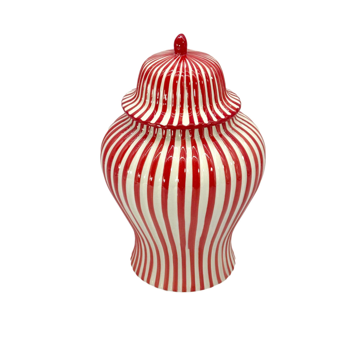 Red and white striped 12 inch ceramic ginger jar with lid