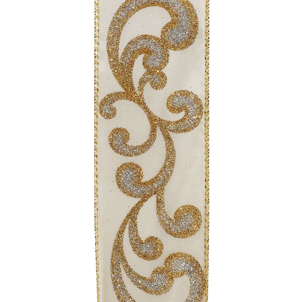 Reliant Ribbon Fab Filigree ivory ribbon featuring ornate gold glitter scrollwork and wired edges, 2.5 inches wide, available by the yard or 20-yard roll.