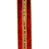 Reliant Ribbon Jewel Stones Trim Velvet Luxe wine burgundy velvet ribbon with colorful jeweled center trim and metallic gold wired edges, 1.5 inches wide.