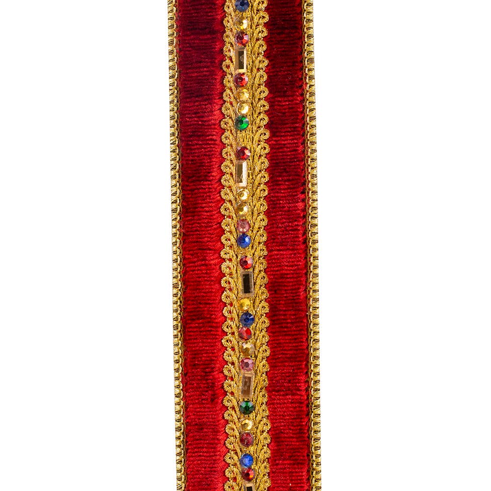 Reliant Ribbon Jewel Stones Trim Velvet Luxe wine burgundy velvet ribbon with colorful jeweled center trim and metallic gold wired edges, 1.5 inches wide.