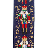 Reliant Ribbon navy blue Nutcracker Filigree Elegance Christmas ribbon featuring colorful traditional nutcrackers surrounded by ornate gold scrollwork, 2.5-inch wired edge.