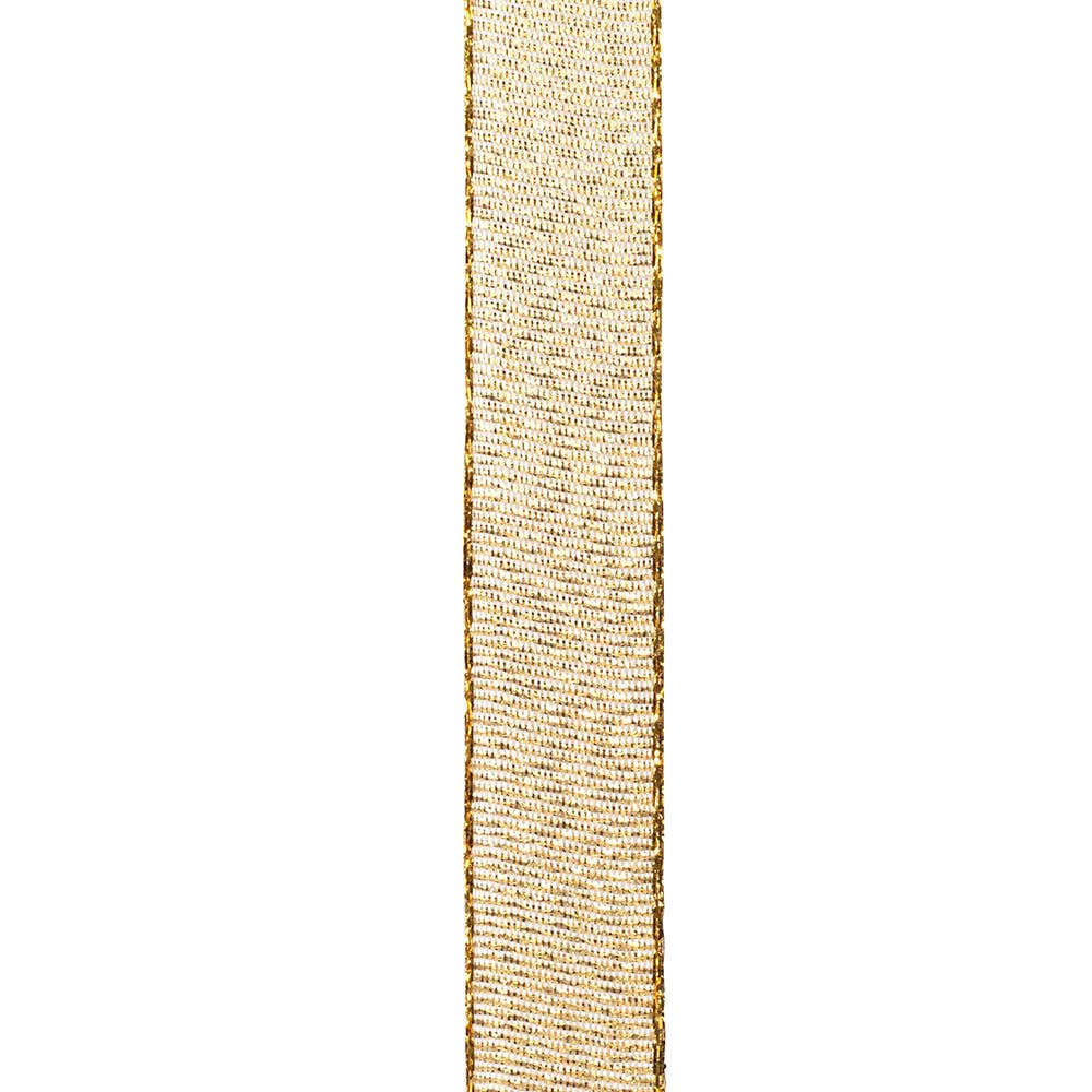 Shop narrow gold Glimmer wired ribbon, 5/8 inch wide, by the yard or 25-yard roll. Complimentary bow making with your ribbon purchase.