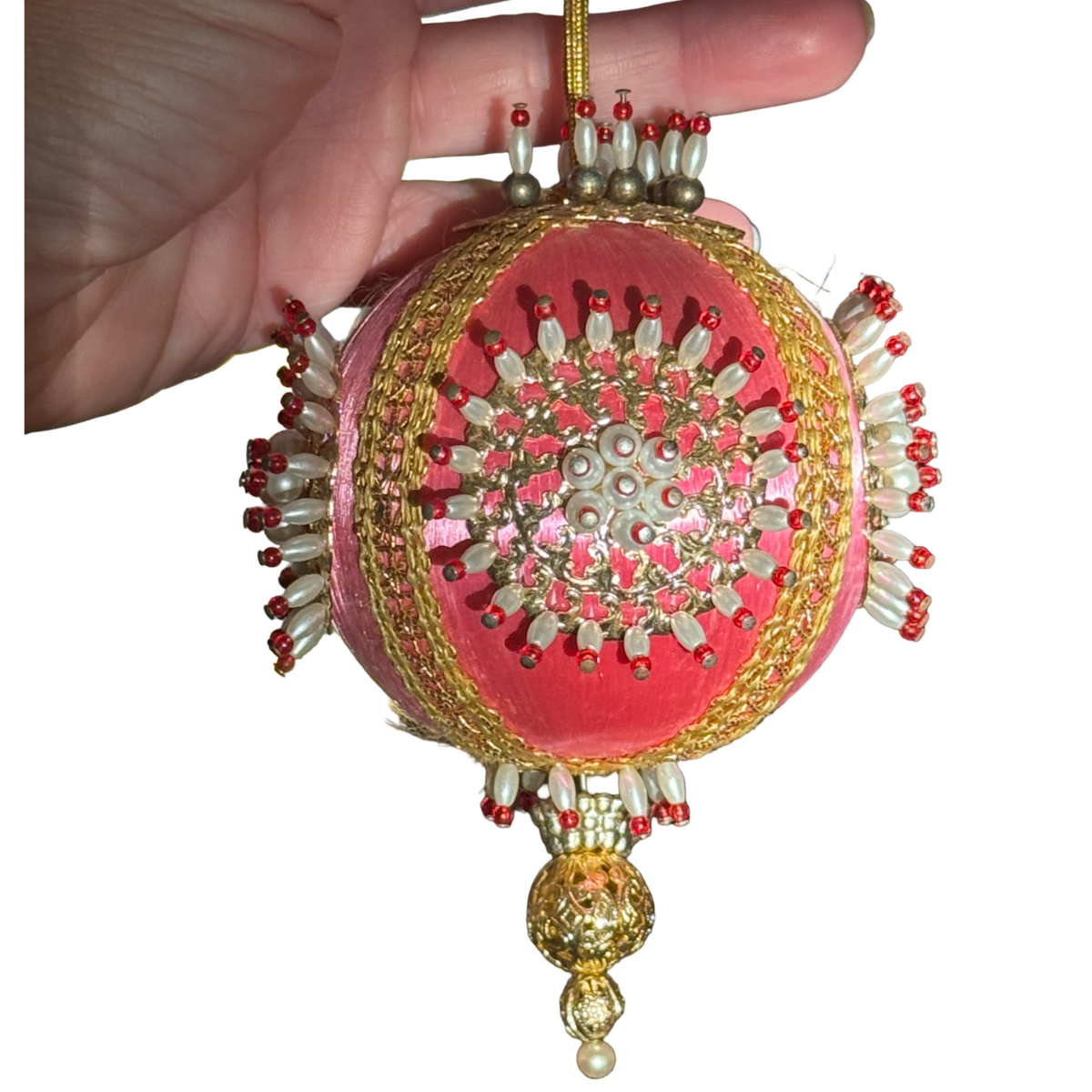 Vintage pink satin-thread ornament with gold-tone medallions, pearl-look beads tipped in red, metallic braid, and an ornate gold-tone drop.