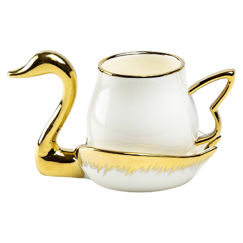 White ceramic swan tea-for-one set with metallic gold swan neck, handle and decorative accents on a white background