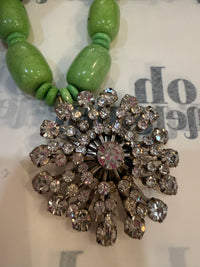 Made in the Deep South statement necklace with vibrant green vintage agate beads and a sparkling 1950s clear rhinestone starburst brooch.