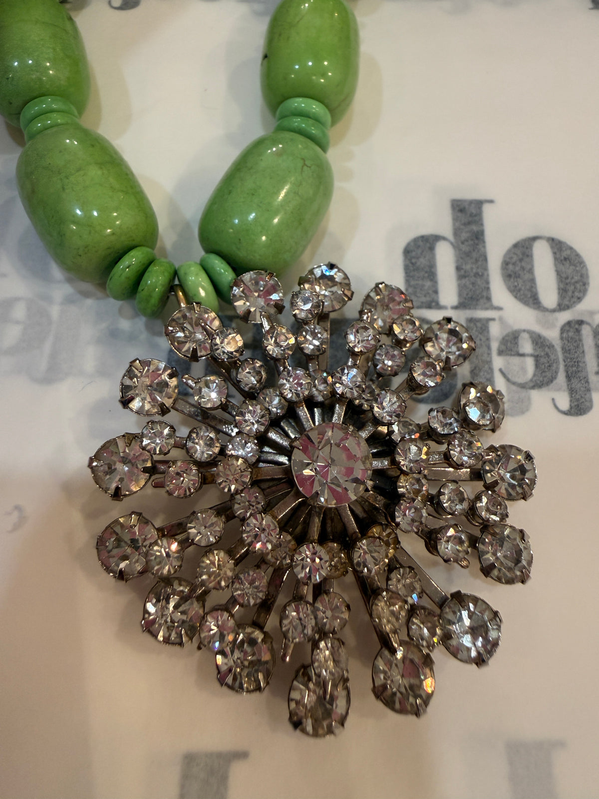 Made in the Deep South statement necklace with vibrant green vintage agate beads and a sparkling 1950s clear rhinestone starburst brooch.