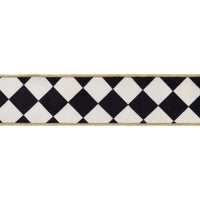 Black and white harlequin velvet wired ribbon with metallic gold backing, 2.5 inches wide
