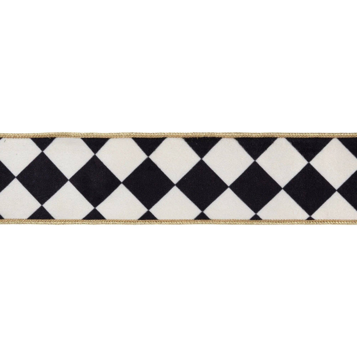 Black and white harlequin velvet wired ribbon with metallic gold backing, 2.5 inches wide