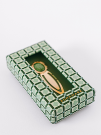 Good Juju Ink Mosaic Botanical Green Metal Clip Bookmark in vintage-inspired green geometric gift packaging