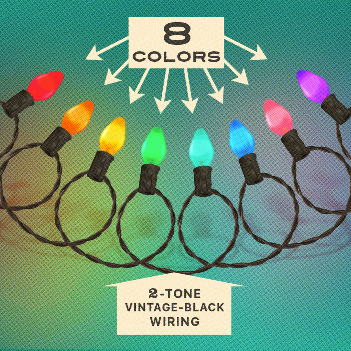 Tru-Tone vintage-style rainbow C7 LED Christmas light set with 24 multicolor bulbs