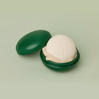 Kate McLeod Body Stone Travel Case in Mint and Pine with a subtly speckled finish and embossed logo.