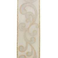 Reliant Ribbon Fab Filigree ivory ribbon featuring ornate gold glitter scrollwork and wired edges, 2.5 inches wide, available by the yard or 20-yard roll.