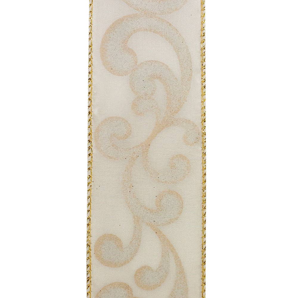 Reliant Ribbon Fab Filigree ivory ribbon featuring ornate gold glitter scrollwork and wired edges, 2.5 inches wide, available by the yard or 20-yard roll.