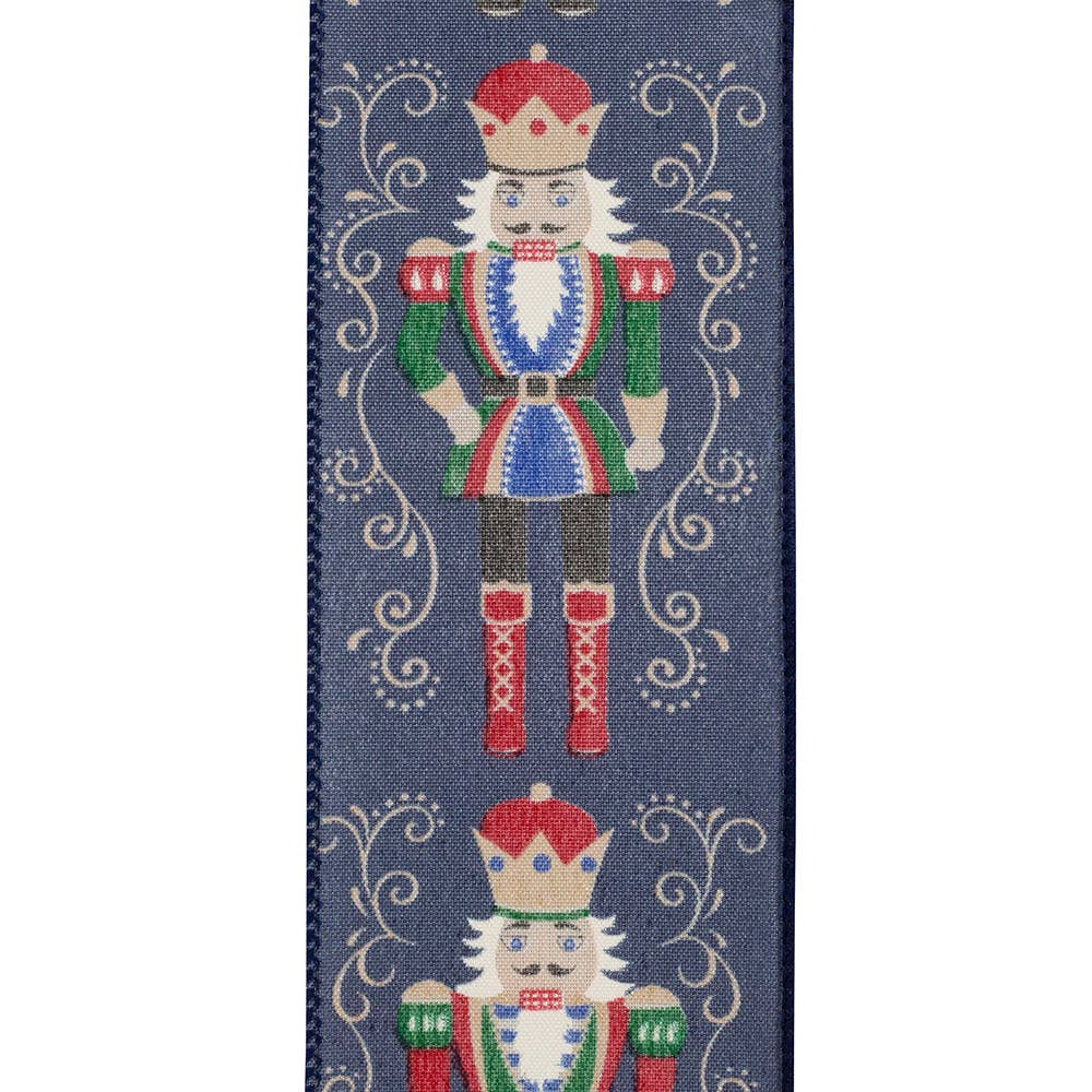 Reliant Ribbon navy blue Nutcracker Filigree Elegance Christmas ribbon featuring colorful traditional nutcrackers surrounded by ornate gold scrollwork, 2.5-inch wired edge.