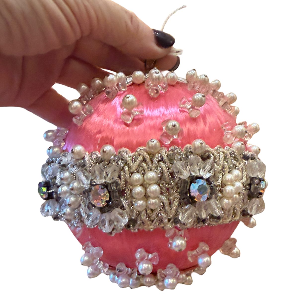 one-of-a-kind vintage pink satin Christmas ornament featuring sparkling rhinestones, faux pearls, silver trim, and intricate handmade details.
