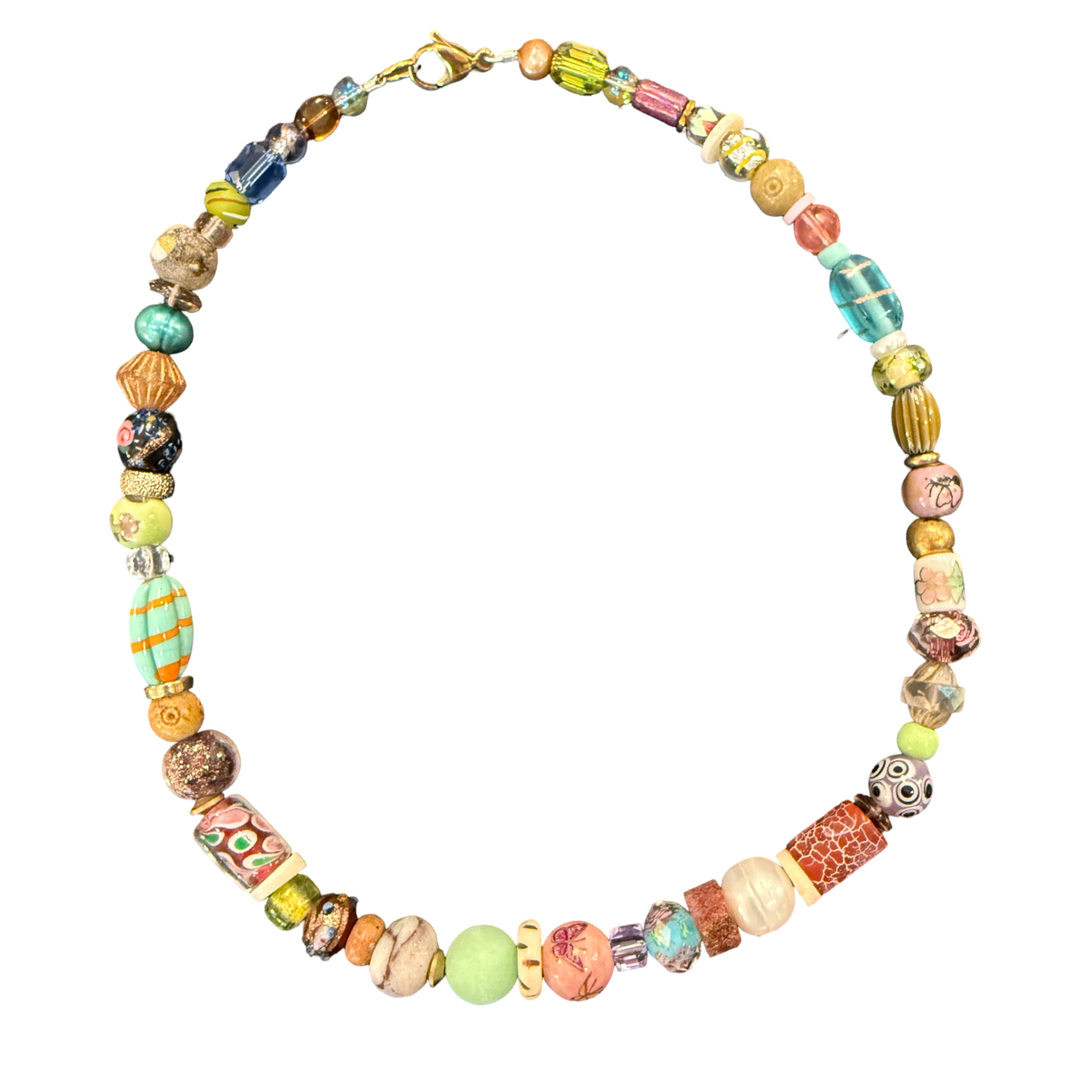 Colorful beaded necklace on a white background