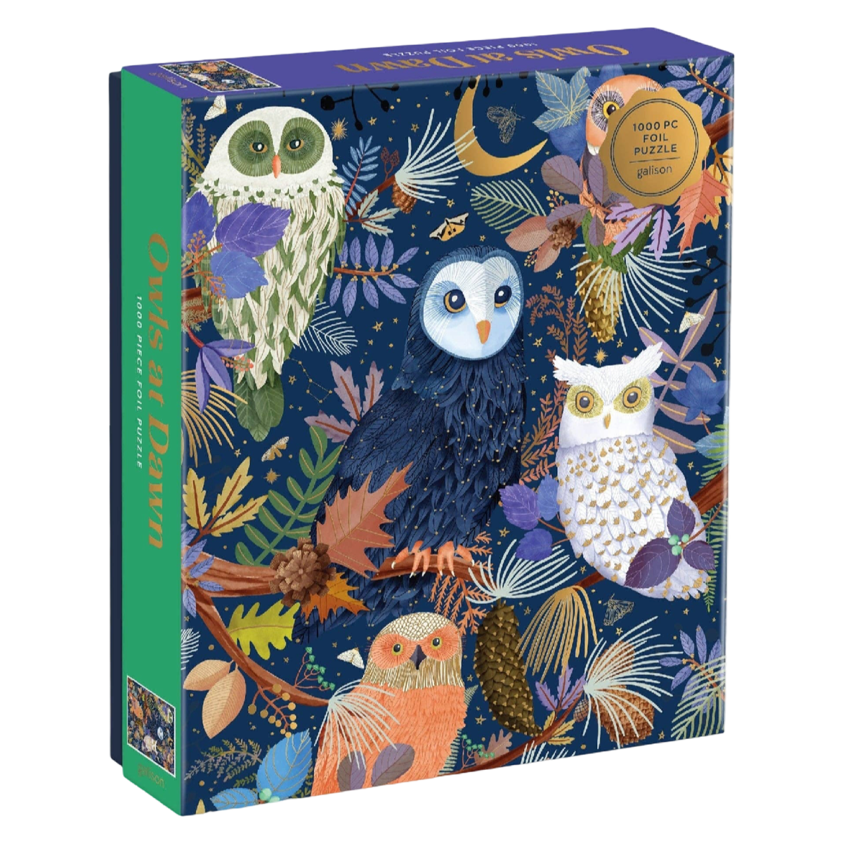 owl puzzle, 1000 piece puzzle, Mara Penny puzzle, foil puzzle, woodland puzzle, bird lover gift, owl artwork, nature puzzle, luxury puzzle, colorful puzzle, puzzle for adults, gold foil puzzle, winter puzzle, forest puzzle, cozy activities, art puzzle, whimsical illustration, puzzle gift, boutique gifts, premium puzzle