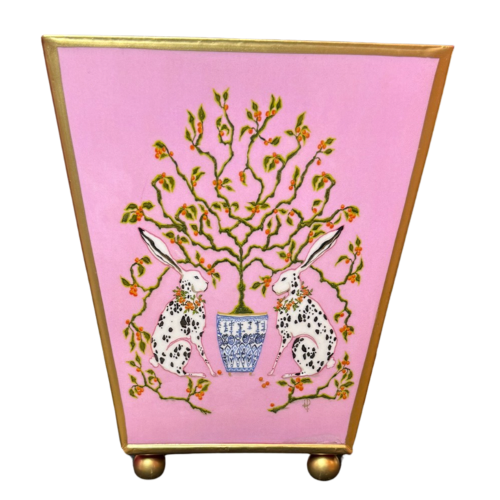 pink chinoiserie bunny planter, enameled square cachepot, 6 inch garden cachepot, decorative bunny planter, chinoiserie decor planter, whimsical garden pot, pink enamel indoor planter, small plant holder with bunnies, elegant flower cachepot, grandmillennial garden decor

