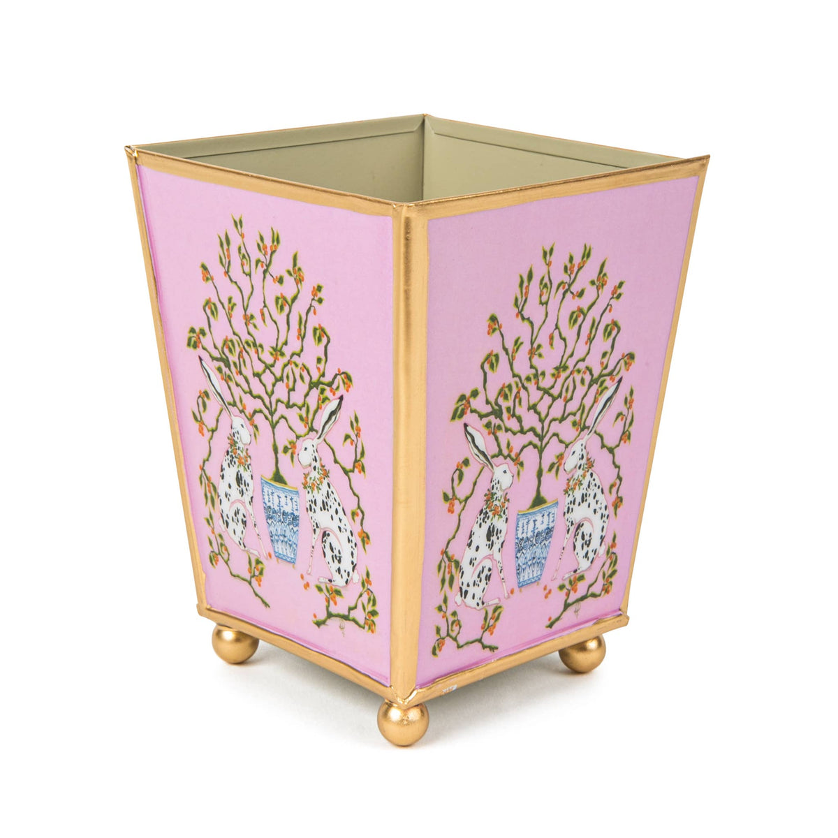 pink chinoiserie bunny planter, enameled square cachepot, 6 inch garden cachepot, decorative bunny planter, chinoiserie decor planter, whimsical garden pot, pink enamel indoor planter, small plant holder with bunnies, elegant flower cachepot, grandmillennial garden decor

