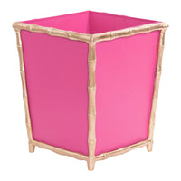 pink metal wastebasket, hand-painted square bin, stylish trash can, compact pink waste bin, Mattie wastebasket, decorative waste bin for home, bathroom trash bin pink, pink office wastebasket, open top metal bin, painted square trash can