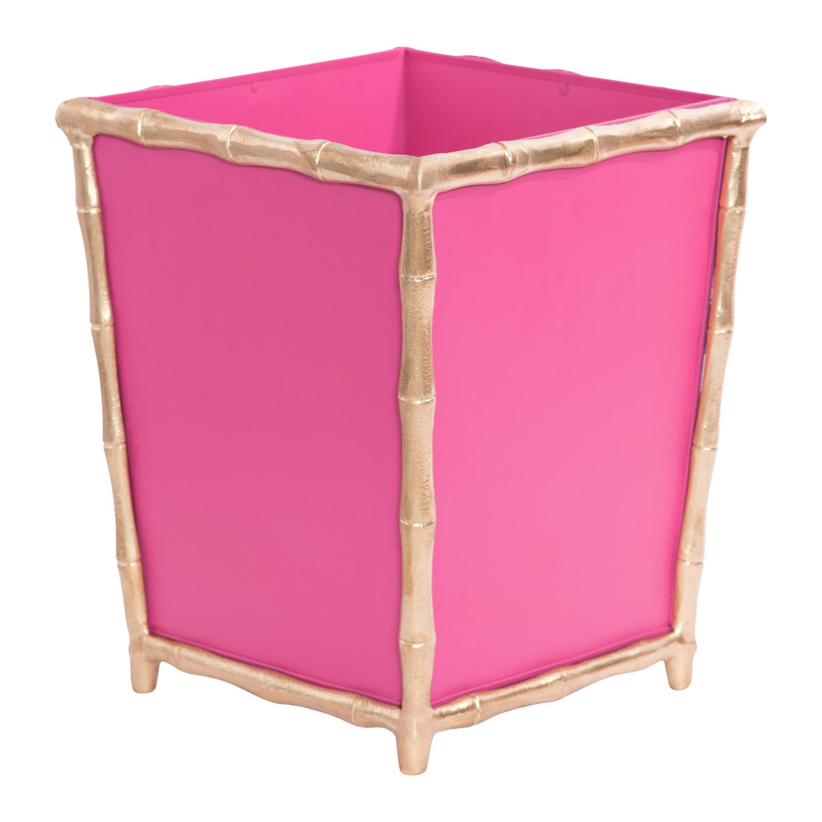 pink metal wastebasket, hand-painted square bin, stylish trash can, compact pink waste bin, Mattie wastebasket, decorative waste bin for home, bathroom trash bin pink, pink office wastebasket, open top metal bin, painted square trash can