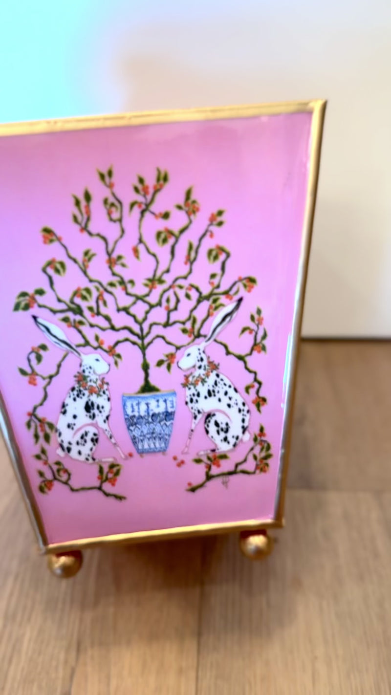 pink chinoiserie bunny planter, enameled square cachepot, 6 inch garden cachepot, decorative bunny planter, chinoiserie decor planter, whimsical garden pot, pink enamel indoor planter, small plant holder with bunnies, elegant flower cachepot, grandmillennial garden decor

