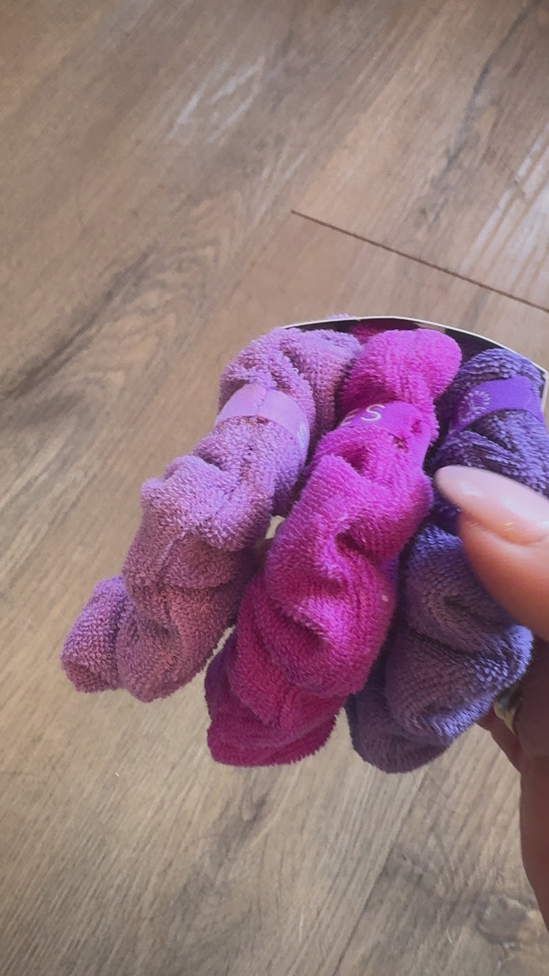 TELETIES, terry cloth scrunchies, wet hair, dry hair, frizz-free hair, post-swim, shower hair accessory, beach hair, hair care, soft hair tie, purple scrunchies, pink scrunchies, secure hold, 