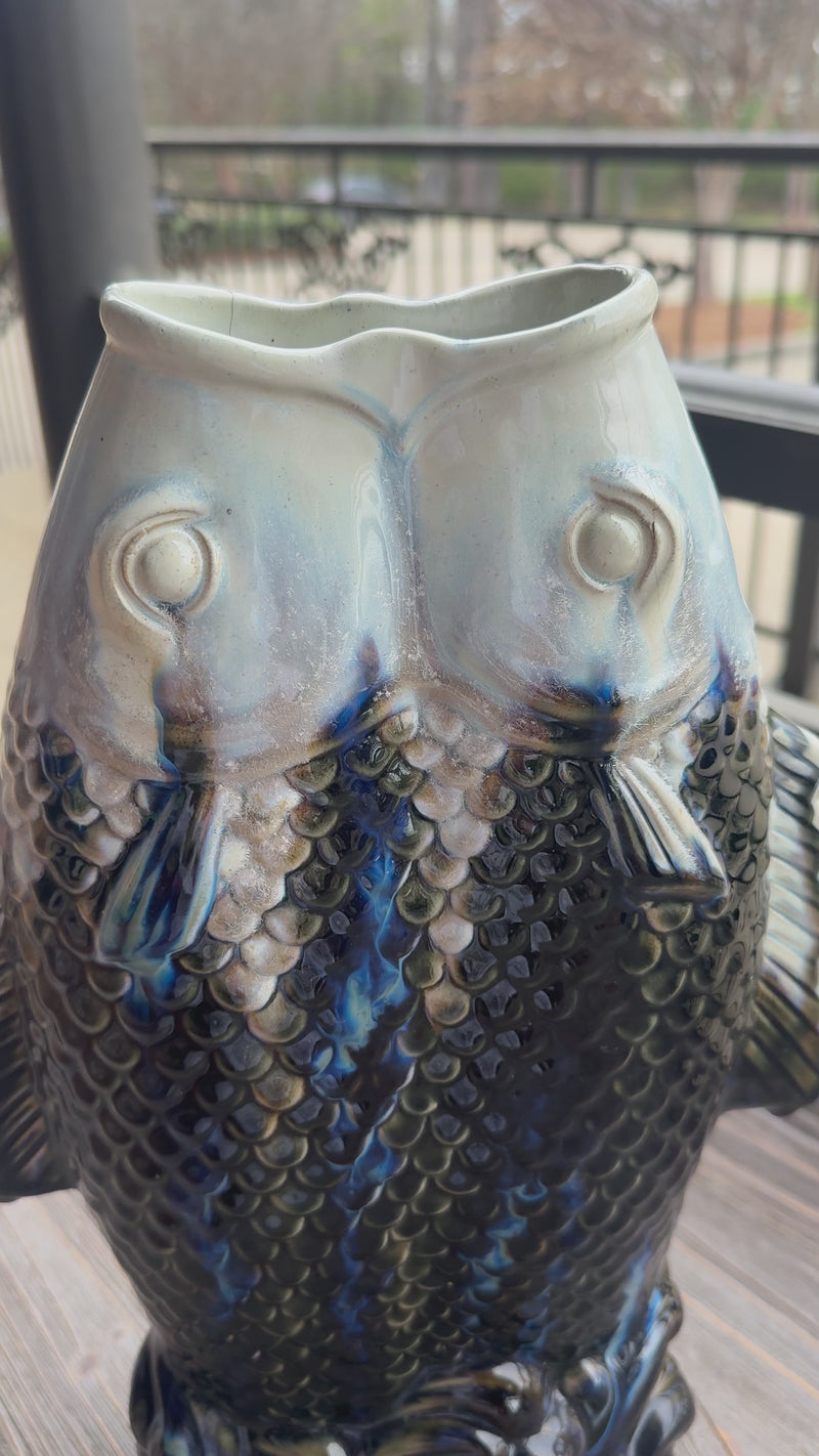 vintage fish vase, ceramic fish vase, blue drip glaze vase, sculptural fish vase, vintage ceramic vase, coastal decor vase, large statement vase, ocean inspired decor, textured ceramic vase, vintage coastal decor, collectible fish vase