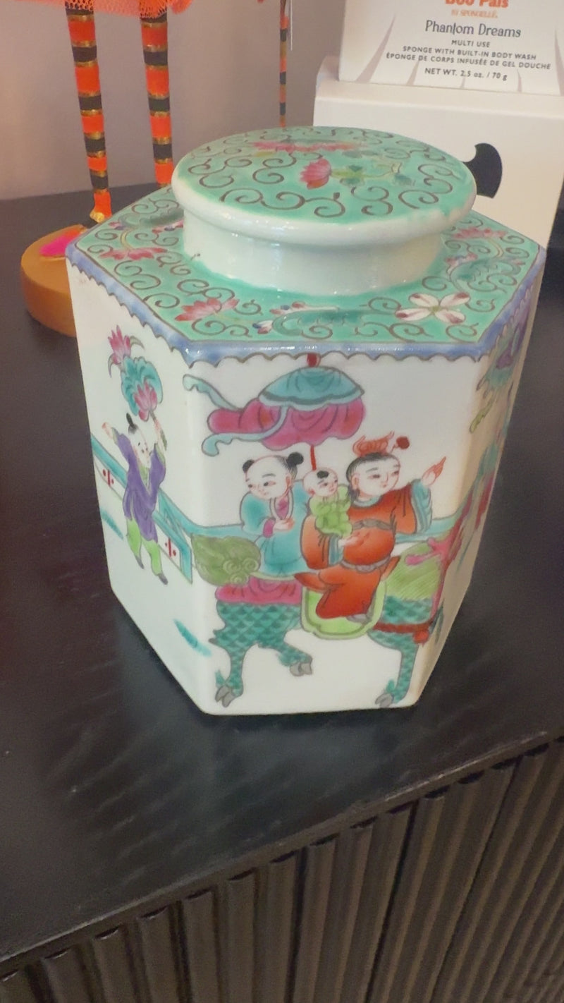 hand-painted porcelain jar, decorative porcelain jar, traditional figure designs, storage decorative jar, unique decorative pieces, cultural home decor, artisan porcelain jar, historical home accents