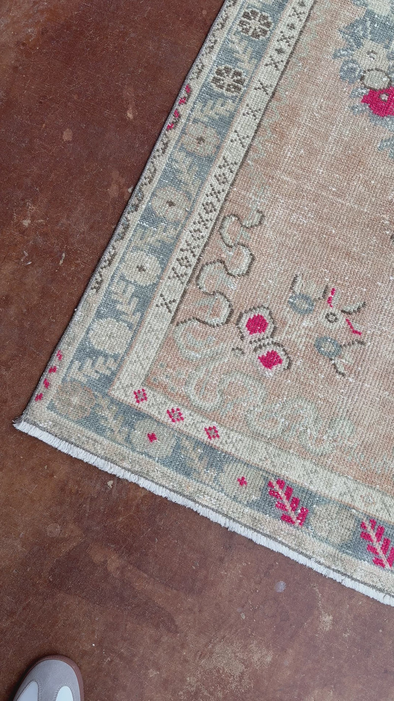vintage Turkish runner, pink Turkish rug, blush runner, 6x3 rug, narrow vintage rug, handwoven Turkish rug, slate blue rug, kitchen runner, faded Turkish rug, one of a kind rug, traditional boho rug, antique floral runner