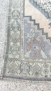 vintage Turkish rug, 6x3 rug, blue Turkish rug, medallion rug, handwoven rug, antique-style rug, neutral Turkish rug, geometric Turkish rug, heirloom rug, entryway rug, cottagecore home, boho rug