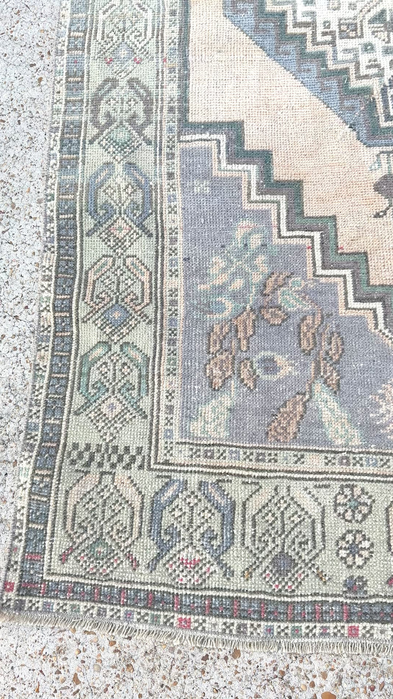 vintage Turkish rug, 6x3 rug, blue Turkish rug, medallion rug, handwoven rug, antique-style rug, neutral Turkish rug, geometric Turkish rug, heirloom rug, entryway rug, cottagecore home, boho rug