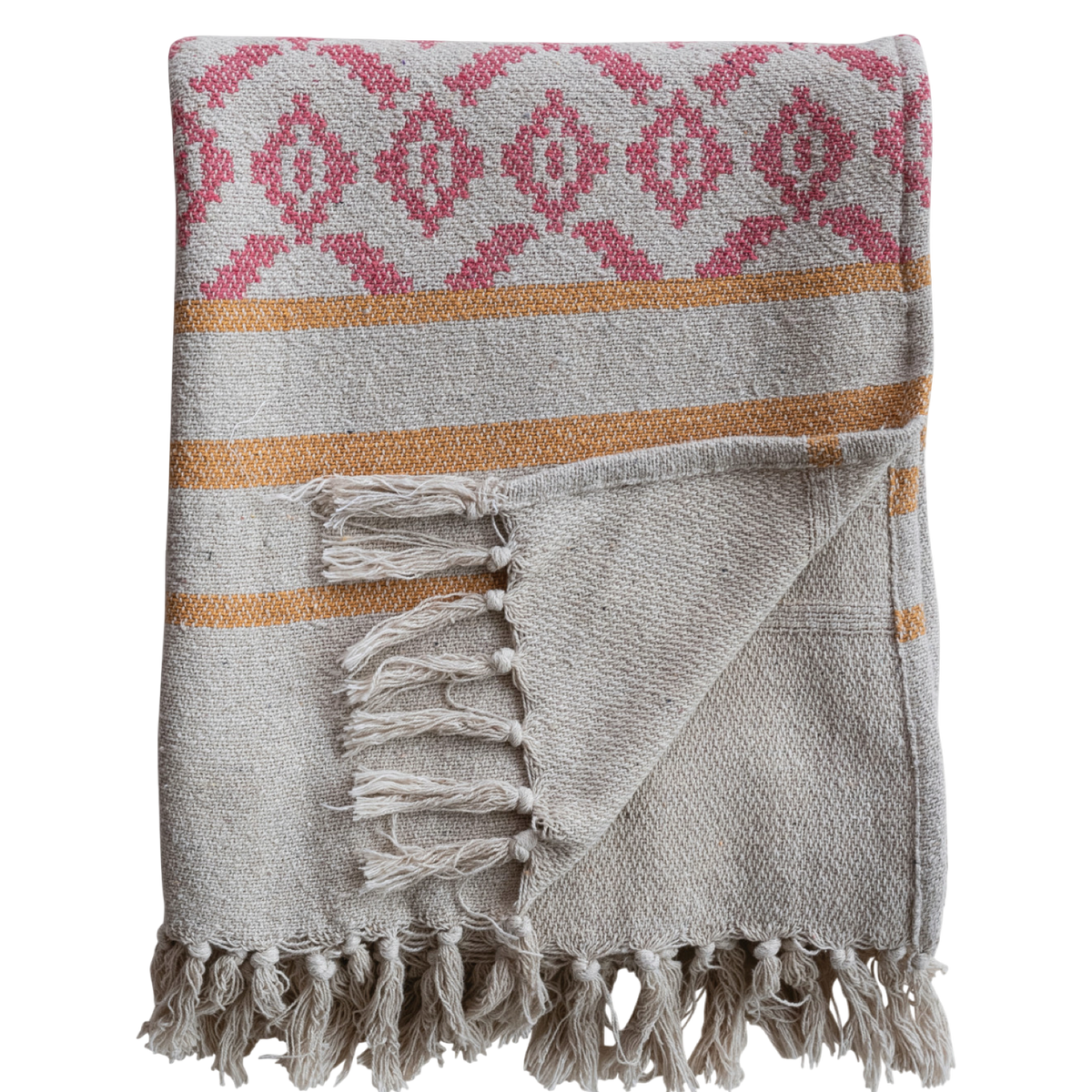 
recycled cotton throw, jacquard stripe blanket, multicolor boho throw, eco-friendly blanket, cotton tassel throw, boho home decor, sustainable home textiles, cozy woven blanket, colorful bed throw, living room accent blanket